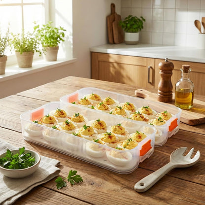 2 Pack Deviled Egg Container with Lid and Handle 2 Layer Deviled Egg Carrier for 60 Reusable Stackable Platter Clear Plastic Storage Tray for Dish Washer Party Home Kitchen Suppies