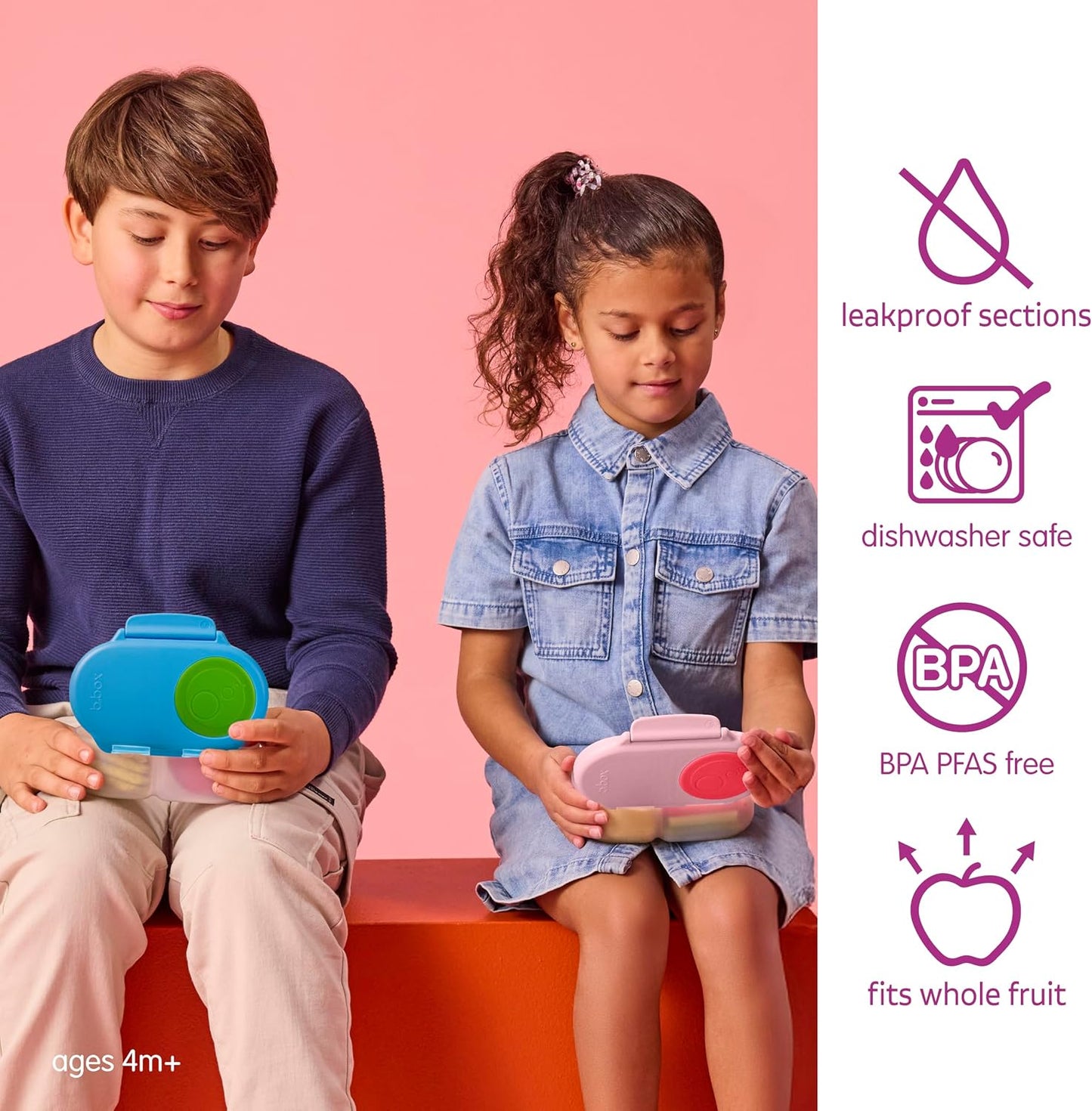 b.box Snack Box 2-Pack - Leak Proof Mini Bento Box for Kids & Toddlers, 2 Compartment Snack Containers for Kids, Dishwasher Safe, BPA-Free, PFAS-Free, Ages 4mo+, 1 3/4 Cup Each (Strawberry + Lilac)