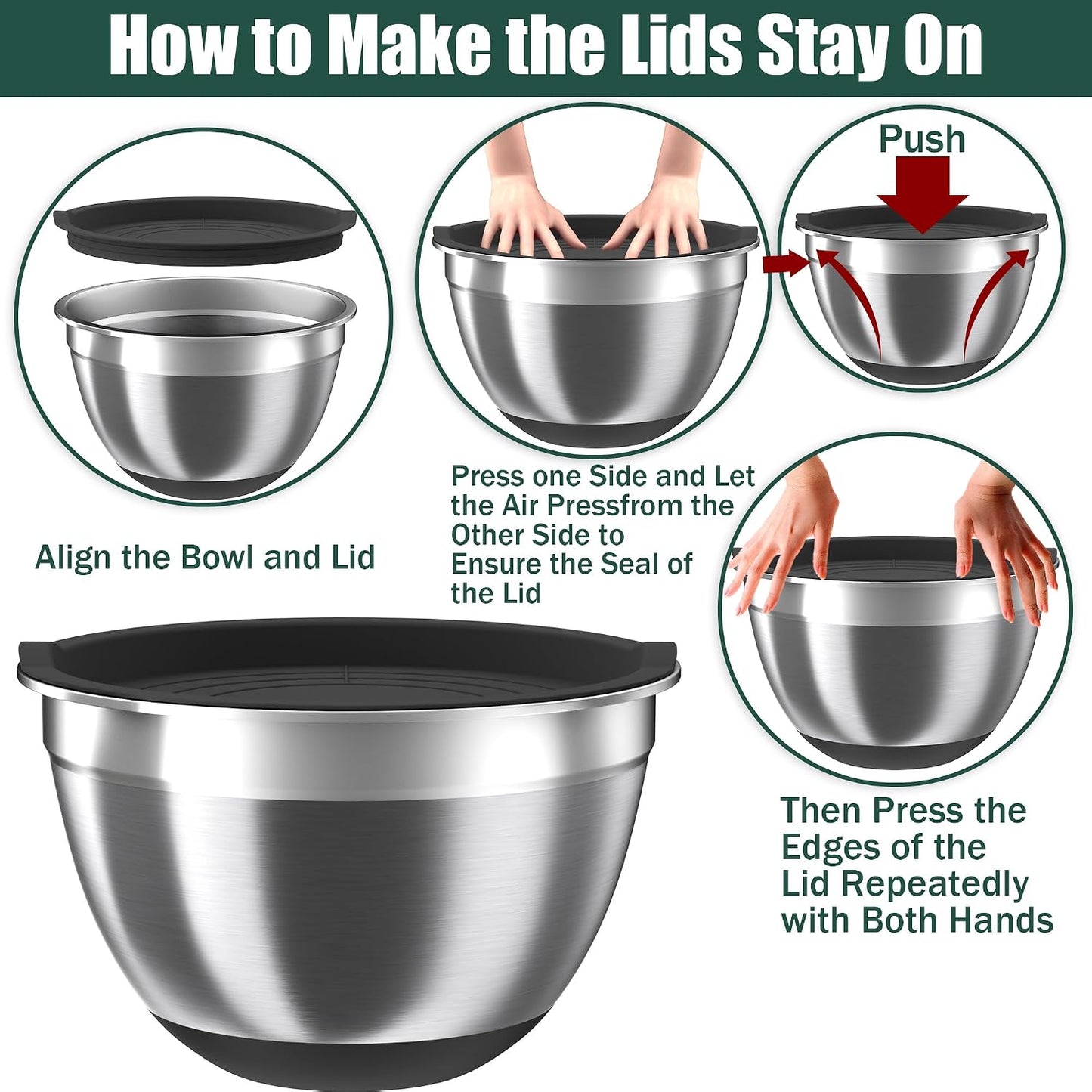 Mixing Bowls with Lids Set, 16PCS Stainless Steel Mixing Bowls,Nesting Storage Bowls for Kitchen with Mixing Bowls Set, Colander, Strainer & Grater , Metal Salad Bowl for Kitchen Gadgets , Cream