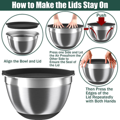 Mixing Bowls with Lids Set, 16PCS Stainless Steel Mixing Bowls,Nesting Storage Bowls for Kitchen with Mixing Bowls Set, Colander, Strainer & Grater , Metal Salad Bowl for Kitchen Gadgets , Cream