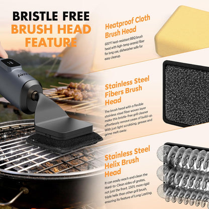 Electric Grill Brush - Bristle Free Grill Brush for Outdoor Grill, Cordless BBQ Grill Cleaner with 3 Heads, Rechargeable 240 Mins Runtime Barbecue Grill Cleaning Brush (Gray)