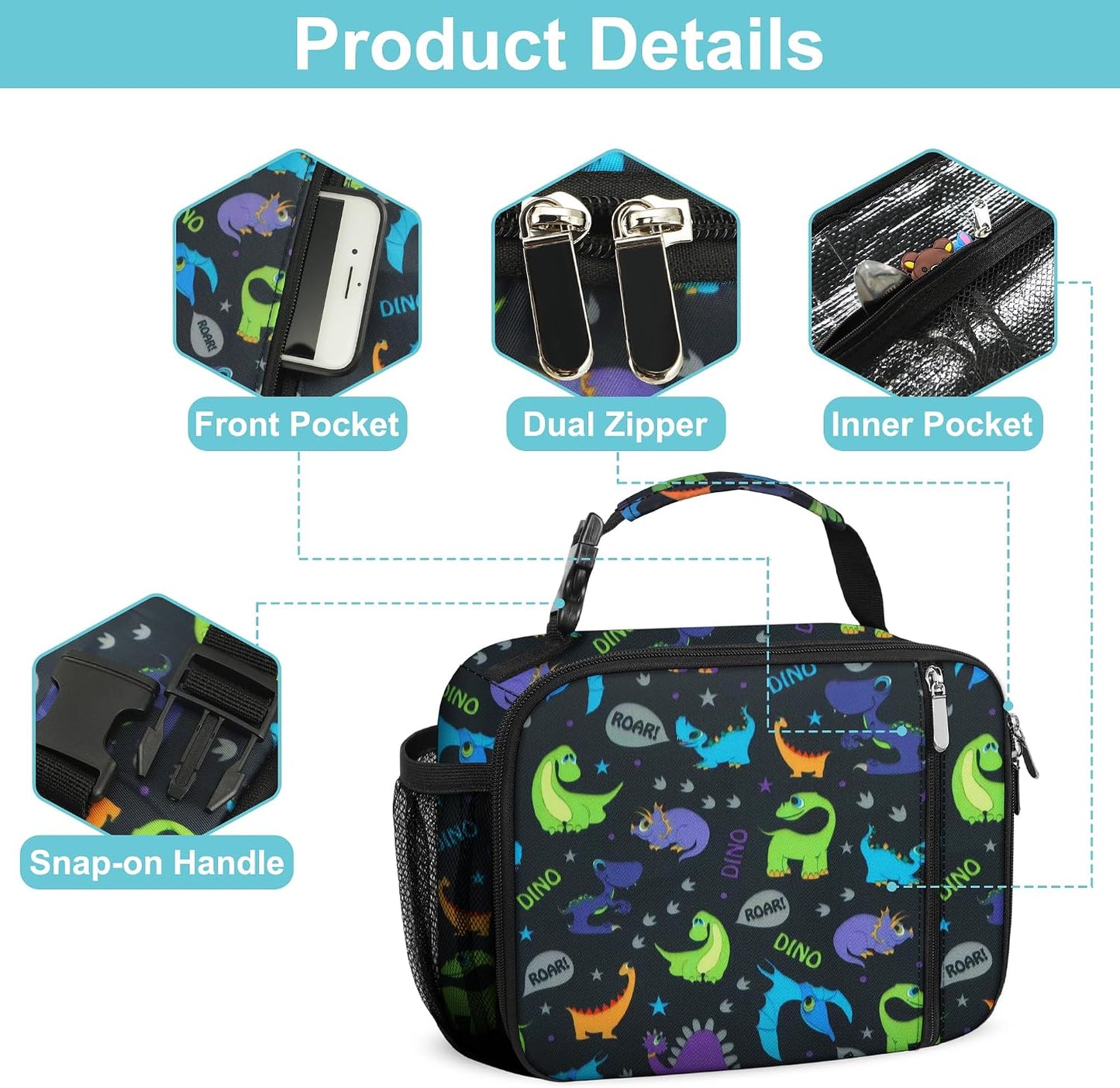 esouler Lunch Box Kids Insulated Lunch Bag for Boys & Girls Durable Children Lunchbox for School with Water Bottle Holder-Black