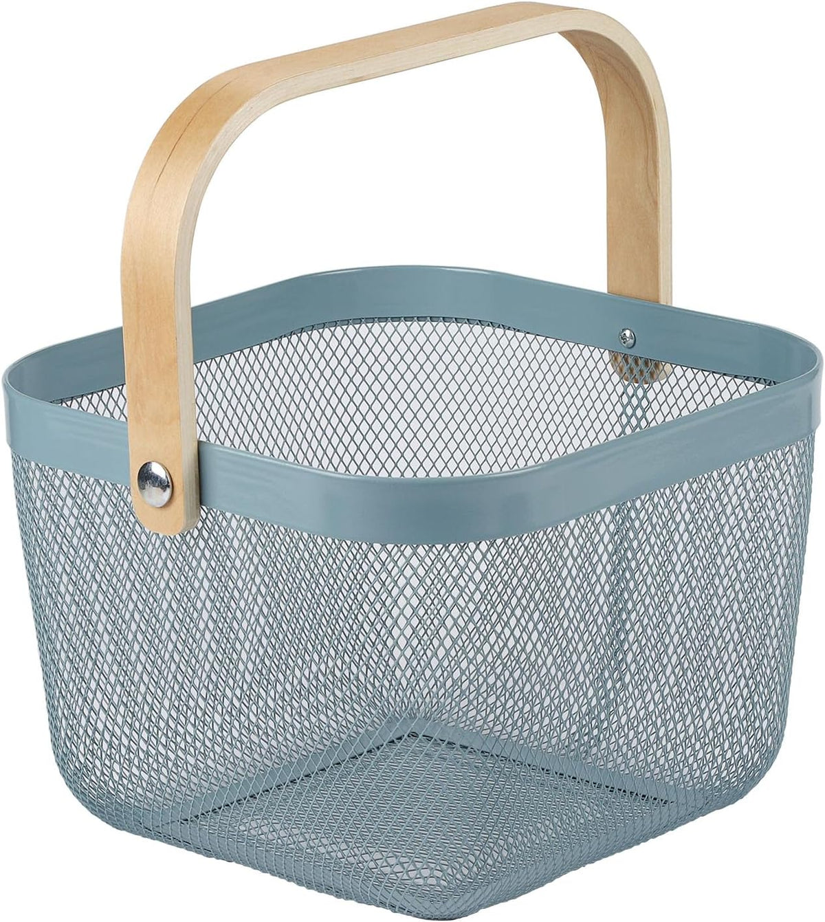 Coloful Metal Mesh Wire Basket with Foldable Wooden Handle,Bin Garden Fruit Vegetable Storage Hanging Harvest Holder for Kitchen Bathroom Picnic (Yellowish Green, Cuboid-15.7 x 9.5 x 7.2“)