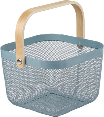 Coloful Metal Mesh Wire Basket with Foldable Wooden Handle,Bin Garden Fruit Vegetable Storage Hanging Harvest Holder for Kitchen Bathroom Picnic (Yellowish Green, Cuboid-15.7 x 9.5 x 7.2“)