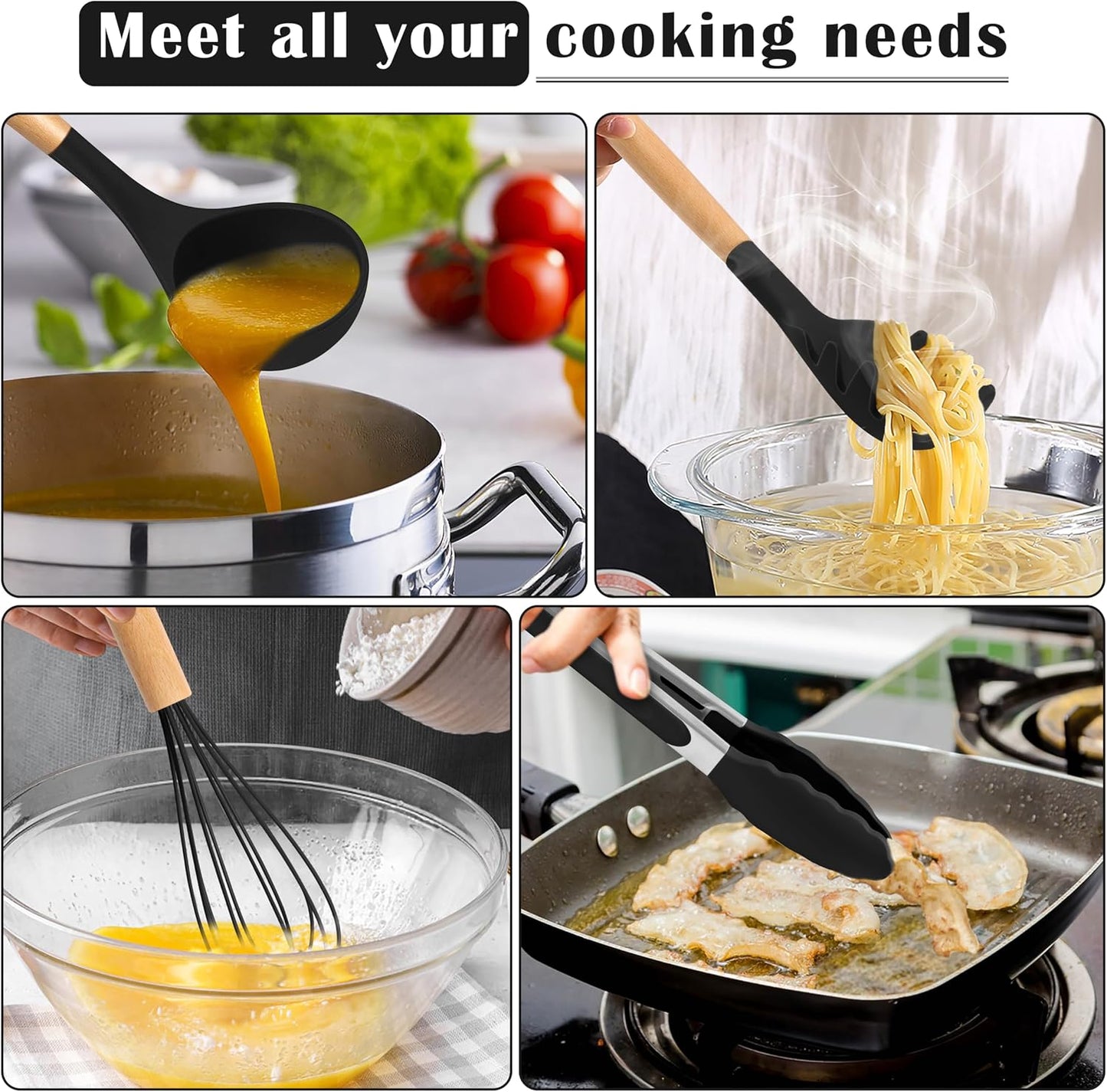 E-far Silicone Cooking Utensils Set, 5-Piece Kitchen Utensils Set with Wooden Handle for Cooking, Silicone Kitchen Nonstick Tools Spatula Turner Slotted Spoons, Nontoxic & Heat Resistant-Khaki