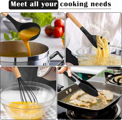 E-far Silicone Cooking Utensils Set, 5-Piece Kitchen Utensils Set with Wooden Handle for Cooking, Silicone Kitchen Nonstick Tools Spatula Turner Slotted Spoons, Nontoxic & Heat Resistant-Khaki
