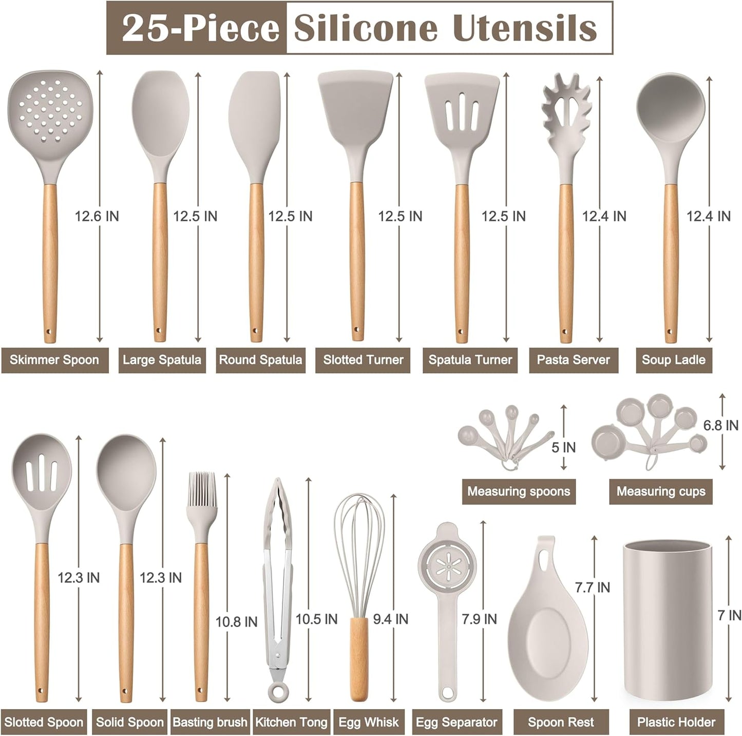 E-far Silicone Cooking Utensils Set, 5-Piece Kitchen Utensils Set with Wooden Handle for Cooking, Silicone Kitchen Nonstick Tools Spatula Turner Slotted Spoons, Nontoxic & Heat Resistant-Khaki