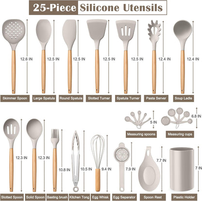 E-far Silicone Cooking Utensils Set, 5-Piece Kitchen Utensils Set with Wooden Handle for Cooking, Silicone Kitchen Nonstick Tools Spatula Turner Slotted Spoons, Nontoxic & Heat Resistant-Khaki