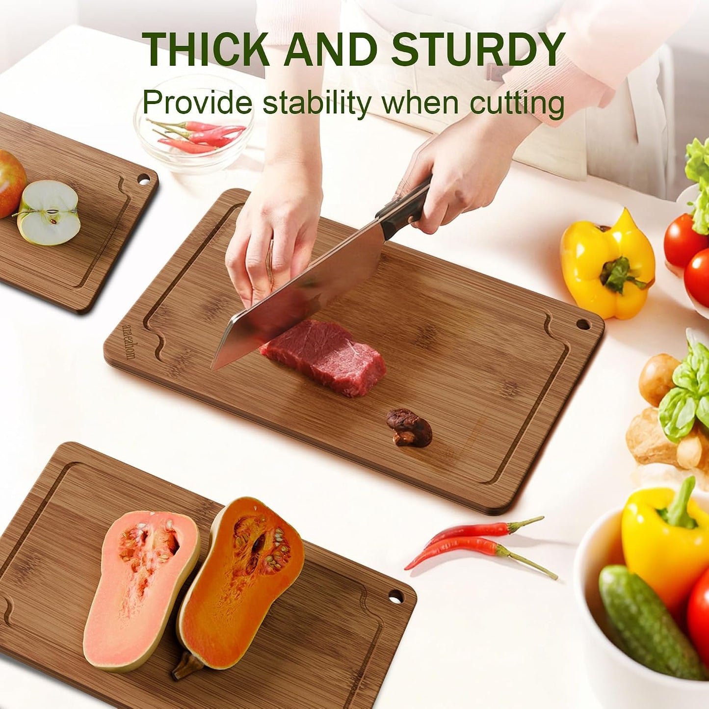 Bamboo Cutting Boards for Kitchen, Wood Cutting Board Set with Juice Grooves & Built-in Handles, Large Medium Small Chopping Board for Meat, Vegetables, Fruit