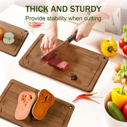 Bamboo Cutting Boards for Kitchen, Wood Cutting Board Set with Juice Grooves & Built-in Handles, Large Medium Small Chopping Board for Meat, Vegetables, Fruit