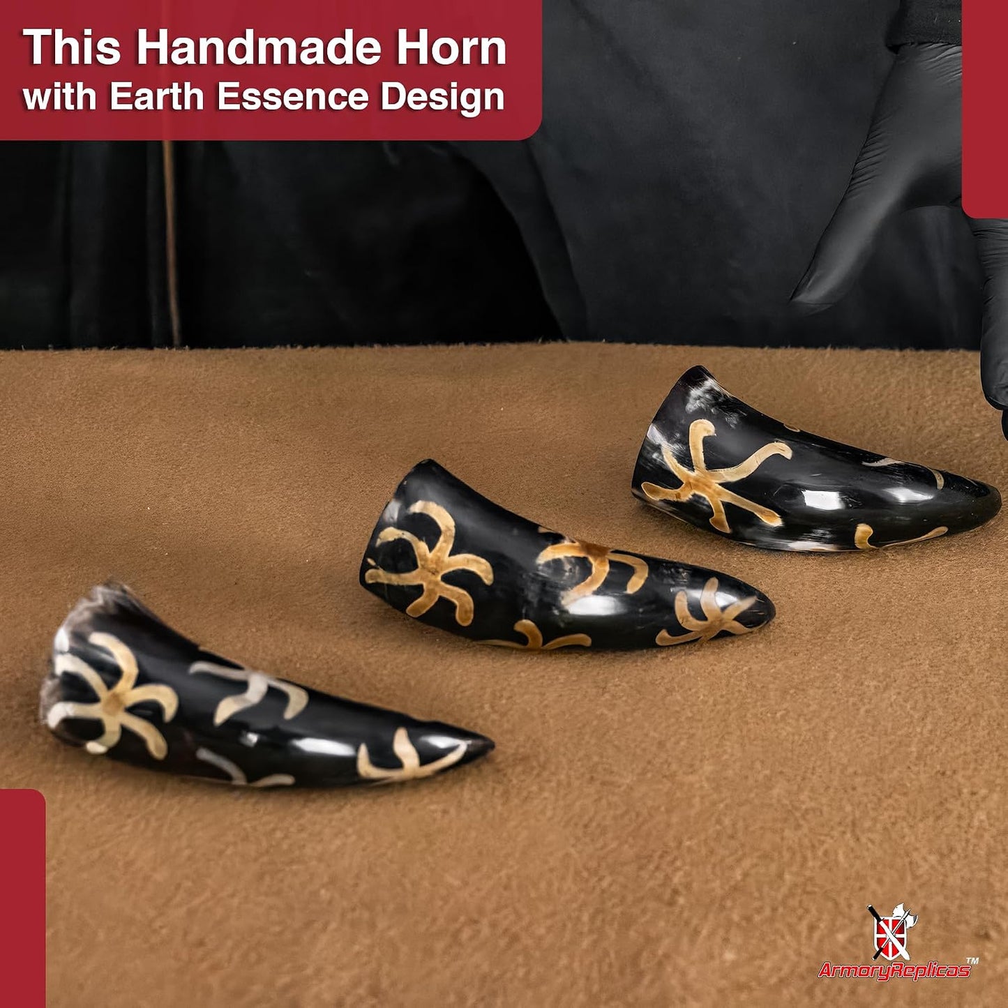 Armory Replicas™ 3-Piece Buffalo Drinking Horn Set – Handmade Natural Horn Cups with Earth Design, Viking Style Mead Ale Wine Cups for Feasts, Parties & Collectors