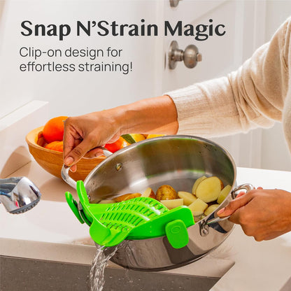 Kitchen Gizmo Snap N' Strain - Silicone Pasta Strainer Clip-On for Pots and Pans - Heat Resistant Colander for Vegetables and Noodles - Kitchen Gadgets for Cooking - Space-Saving Design - Gray