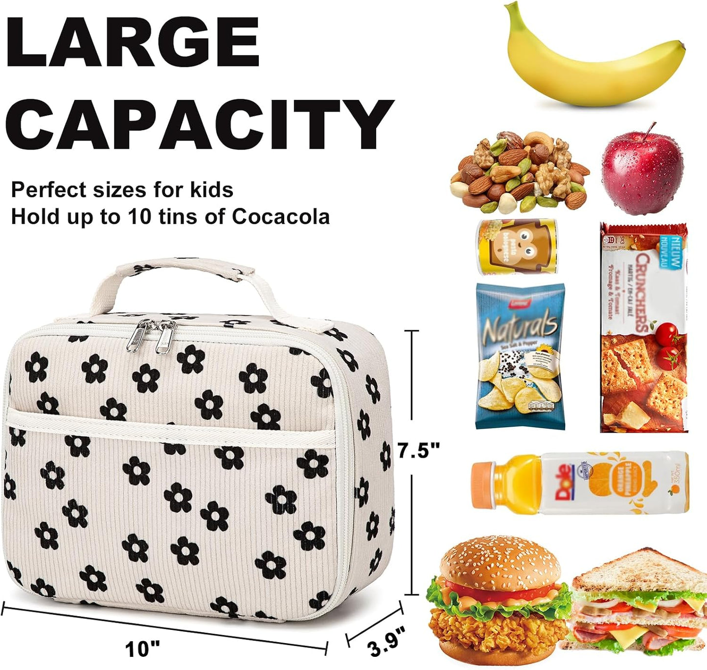 Bluboon Insulated Lunch Bag for Girls & Boys, Corduroy School Lunch Box with Cooler & Organizer Compartments, Leak-Proof Lunch Tote for School, Travel (Corduroy Strawberries Beige)