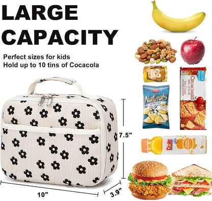 Bluboon Insulated Lunch Bag for Girls & Boys, Corduroy School Lunch Box with Cooler & Organizer Compartments, Leak-Proof Lunch Tote for School, Travel (Corduroy Strawberries Beige)