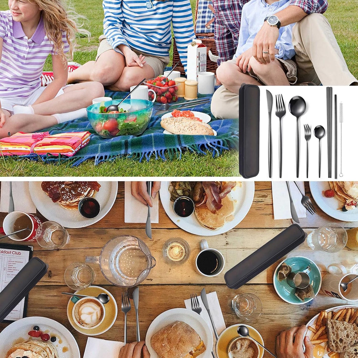 AARAINBOW 8 Pieces Stainless Steel Flatware Set Portable Reusable Cutlery Set Travel Utensils Set Including Chopsticks Knife Fork Spoon Straws Cleaning Brush Dishwasher Safe (Pink Golden)