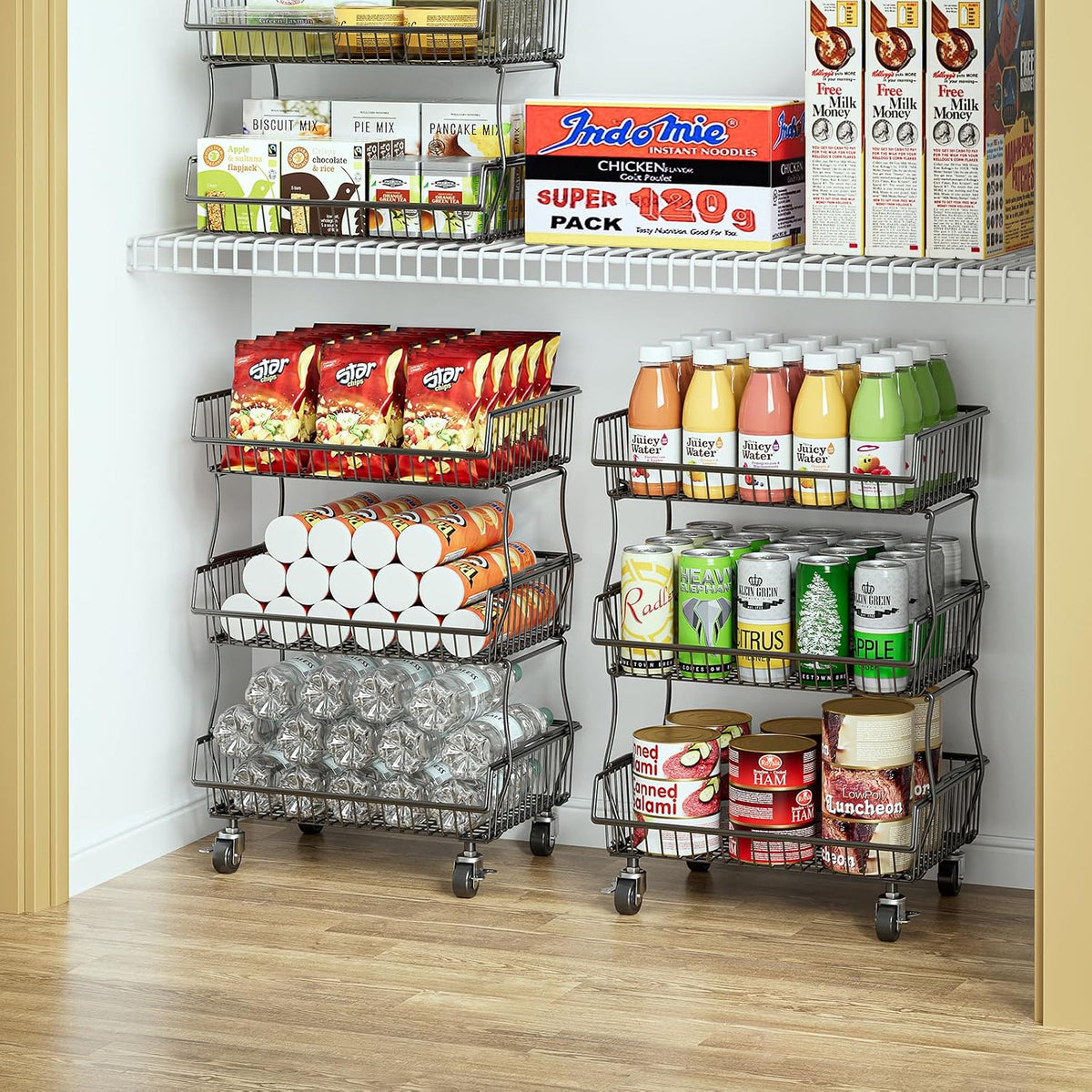 OKZEST 3-Tier Rolling Pantry Floor Organizer and Storage Cart with Wheels, Stackable Wire Pantry Baskets for Pantry Shelves, Kitchen Storage Rack and Fruit Basket Stand for Fruit Snack Onion Potato