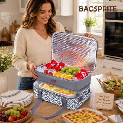 Double Layer Insulated Casserole Carrier, Fits 9" x 13" Baking Dish, Food Transport Carrier with Utensil Pocket for Hot & Cold Dishes, Reusable Potluck Tote for Thanksgiving, Parties&Family Gatherings