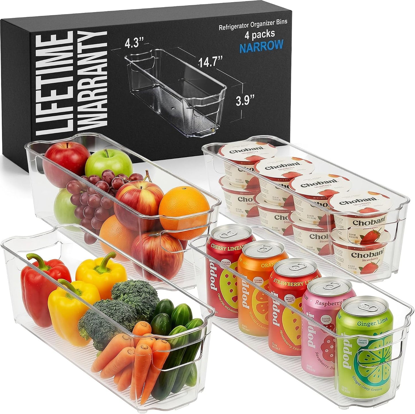 Zulay Kitchen 4 Pack Refrigerator Organizer Bins – Large Clear Fridge Storage Containers with Built-In Handles & Non-Slip Feet - Ideal Fridge Organizers, Kitchen Cabinets, Pantry Organization