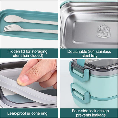 Stainless Steel Bento Box for Adults&Kids,Japanese Leakproof Lunch Box Divided Food Meal Storage Containers Set Stackable 2 Layer for Children School Picnic Beige