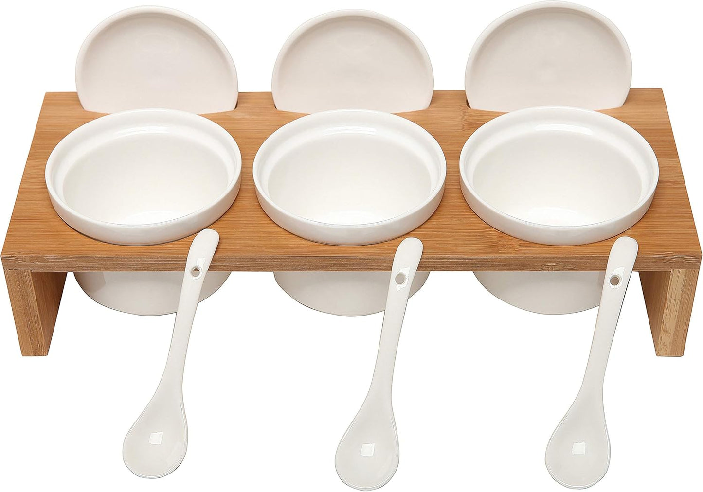 MyGift 10 Pcs Condiment Pot Serving Dish Set, Hosting Essentials, Premium Acacia Solid Wood Raised Display Server Tray and 3 Ceramic Ramekin Dip Bowls with Lids and Spoons