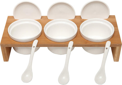 MyGift 10 Pcs Condiment Pot Serving Dish Set, Hosting Essentials, Premium Acacia Solid Wood Raised Display Server Tray and 3 Ceramic Ramekin Dip Bowls with Lids and Spoons