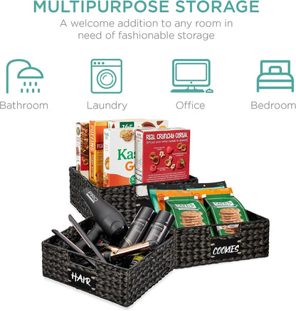 Best Choice Products Set of 4 9x12in Water Hyacinth Pantry Baskets, Woven Organizers w/Chalkboard Label, Chalk Marker - Natural