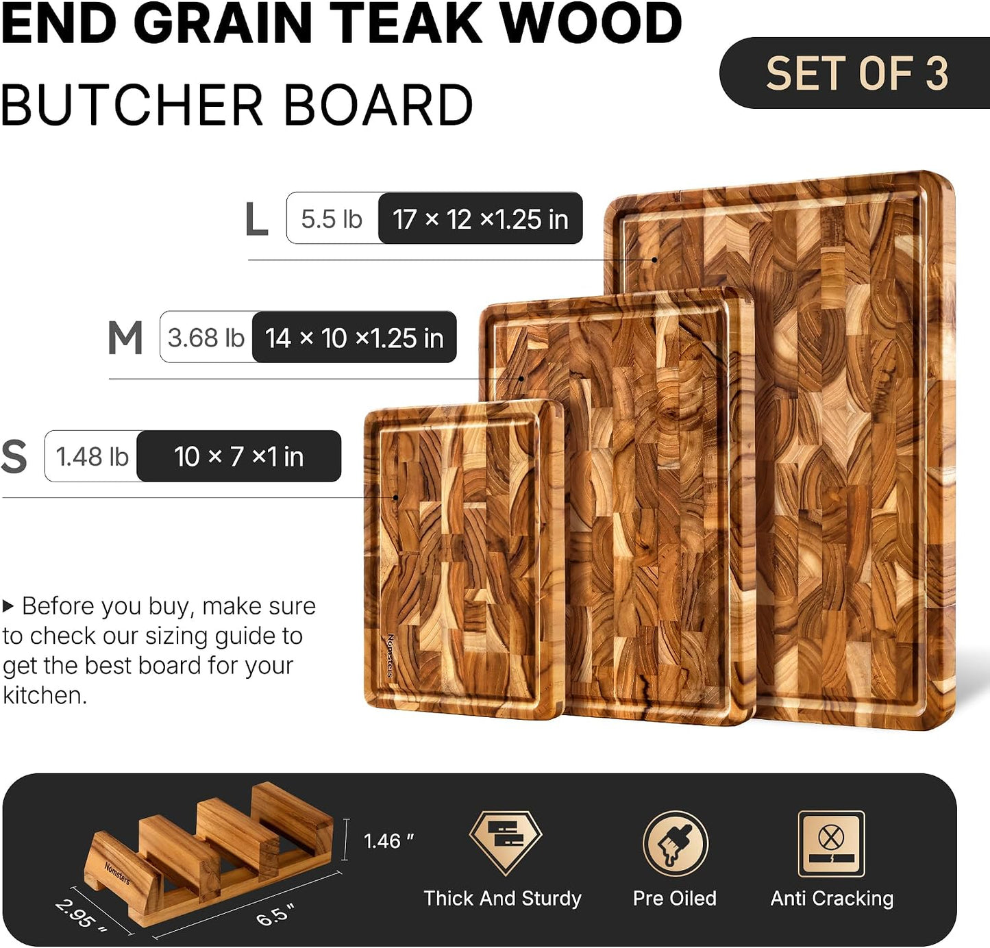 Teak Wood End Grain Cutting Board Set of 2 with Non-slip Feet, Reversible Cutting Boards for Kitchen with Juice Grooves and Handles Non Toxic Chopping Board Butcher Block Serving Tray Kitchen Gift