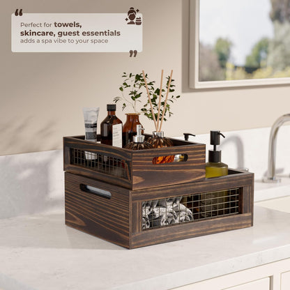 Set of 3 Wooden Nesting Countertop Baskets, Rustic Wood Storage Crates with Handles for Kitchen, Pantry, Bathroom, Fruit, Vegetables, Bread