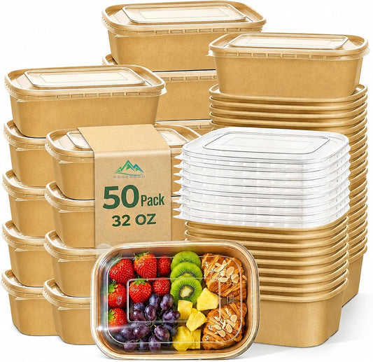 Kaderron 50 Pack 32 OZ Large Paper Bowls with Lids, Heavy Duty Disposable Compostable Container for Party, Disposable Bowls Bulk Soak-Proof and Microwave Safe for Hot/Cold Use(32OZ-50PACK)