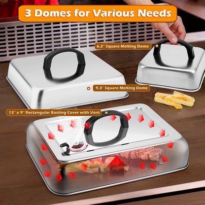 Cheese Melting Dome Set of 3, Leonyo Heavy Duty Rectangular Basting Cover with Adjustable Vent, Stainless Steel Square Griddle Dome for Outdoor Flat Top Grill BBQ
