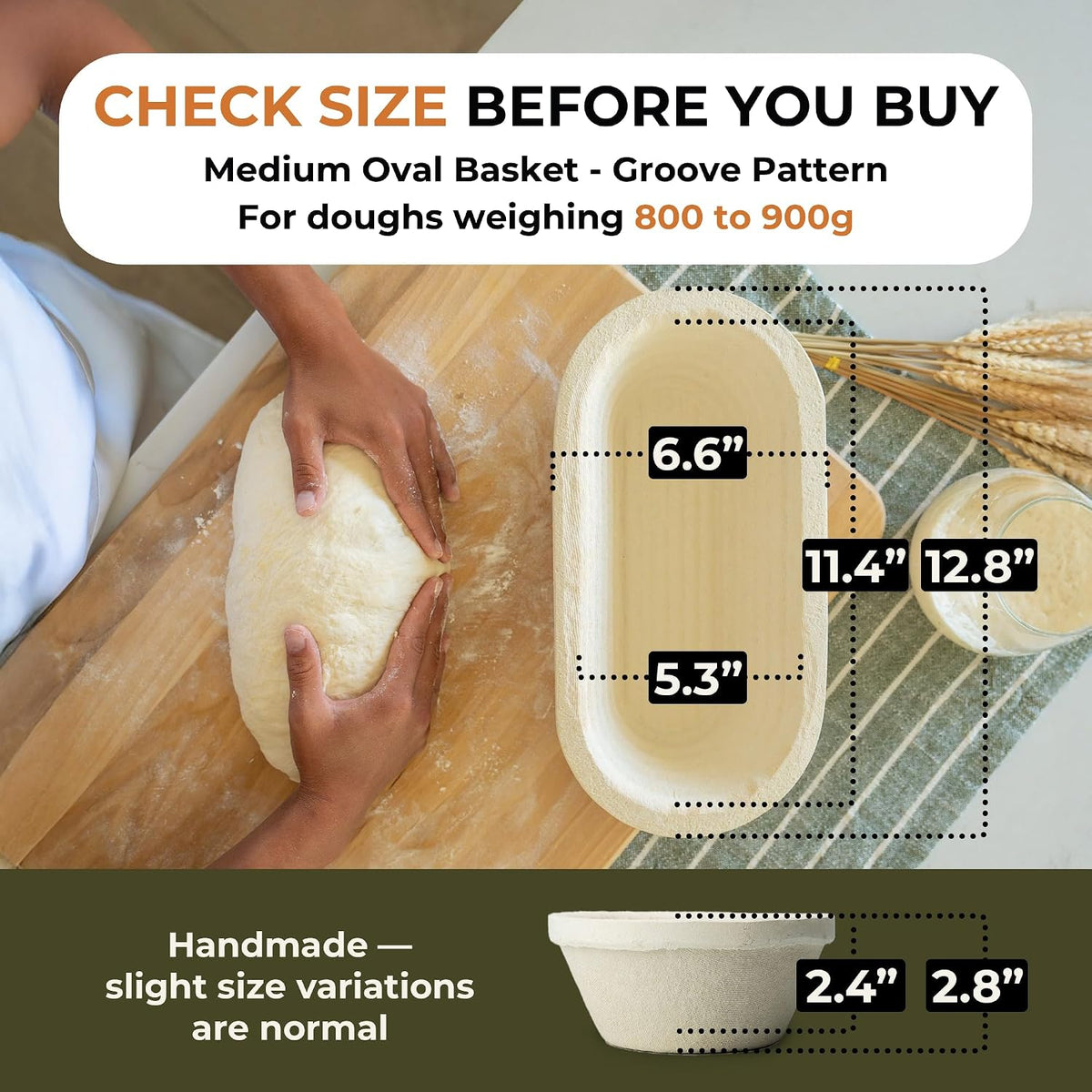 Bulka Sourdough Banneton Bread Proofing Basket 11.4" Oval Groove 750g