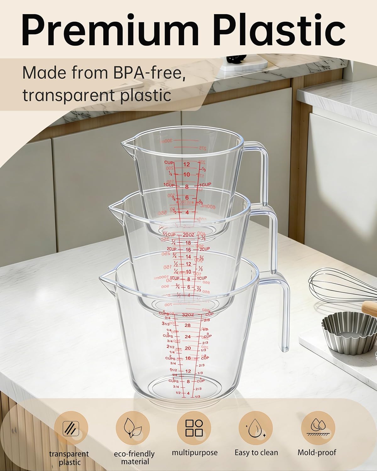 Measuring Cups, Plastic Measuring Cups Set of 3-1000ml, 600ml, 300ml with Spout & Easy-Pour Design, Leak-Proof, Cooking, Baking, Liquid & Dry Ingredients, (ML/OZ/CUP)