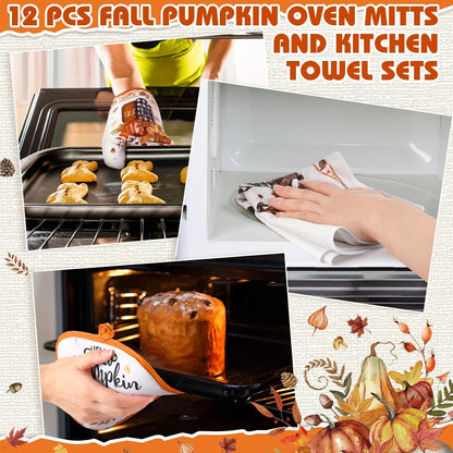 SiliFine 12 Pcs Fall Pumpkin Kitchen Towels Oven Mitts Pot Holders Set