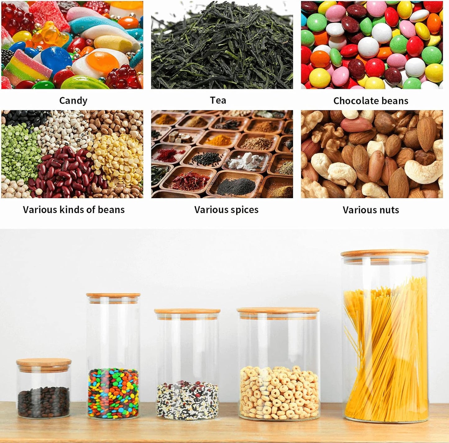 77L Glass Storage Containers with Lids [Multi-Size Set of 5], Airtight Glass Canisters for Kitchen & Pantry Organization, Clear Food Jars for Pasta, Cereal, Flour, Sugar, Coffee, Nuts & Snacks