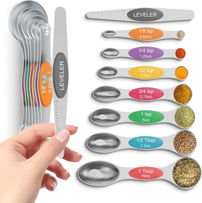 Magnetic Measuring Cups and Spoons Set304 Stainless Steel Dual Scale Set of 15, Strong N52 Magnetic Nesting Design with Leveler, for Dry&Liquid Ingredients, Dishwasher Safe(Colorful)