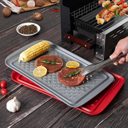 BBQ Tray for Raw Meat Prep and Cooked Food, Grill Prep and Serve Trays, Melamine Serving Trays and Platters for Food, Unbreakable Party Tray, Set of 2, Black and Red