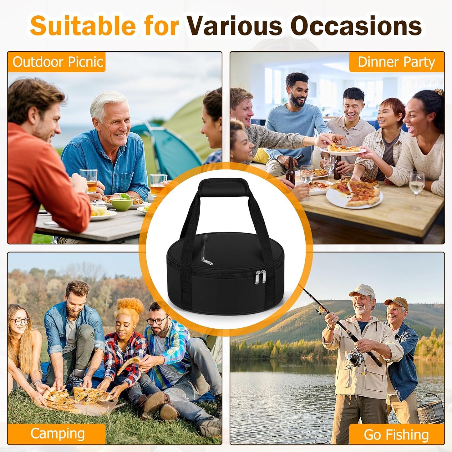 Round Insulated Casserole Carrier – 12" Portable Pie Carrier Bag for Hot or Cold Food, Leakproof Thermal Lunch Tote with Handle for Parties Picnic & Travel - Grey