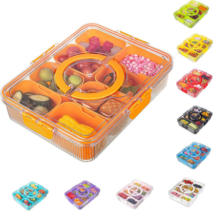 Patent Divided Serving Tray with Lid & Handle - Snackle Box Organizer for Charcuterie, Sandwiches, Veggies, Fruits, Candy - Portable Food Storage for Travel, Beach, Picnics（1 pcs, Orange）