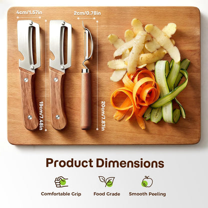 3-Pack Multi-Functional Vegetable Peeler for Kitchen, Ultra Sharp Stainless Steel Fruit & Potato Peelers with Ergonomic Wood Handle for Apple, Carrot, Cucumber, Pumpkin & Everyday Cooking