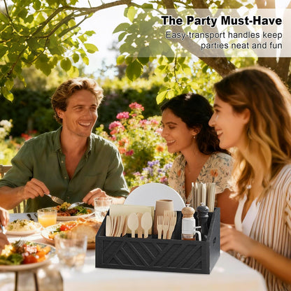 Paper Plate Dispenser for Party, Wood Outdoor Utensil Caddy for Parties, Paper Plate Holders Organizer for Countertop, Black Silverware Holder for Buffet Cutlery, Plates,Flatware, Utensils and Napkins