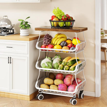 SAYZH Fruit Basket Kitchen Pantry Organizers and Storage - Wooden Top Table, Stackable Metal Wire Basket Stand Cart for Fruit Vegetable Snacks Onion Potato Organization (Black, 5 Tiers)
