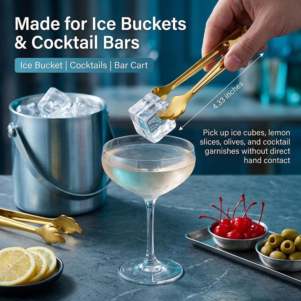 6-Piece Gold Mini Tongs, 4.33" Stainless Steel Ice Tongs for Ice Bucket