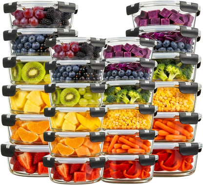 Konokyo Square Glass Food Storage Containers with Lids, 12 Pack Airtight Leakproof Meal Prep Containers, BPA-Free, Microwave Oven Freezer & Dishwasher Safe, Assorted Sizes