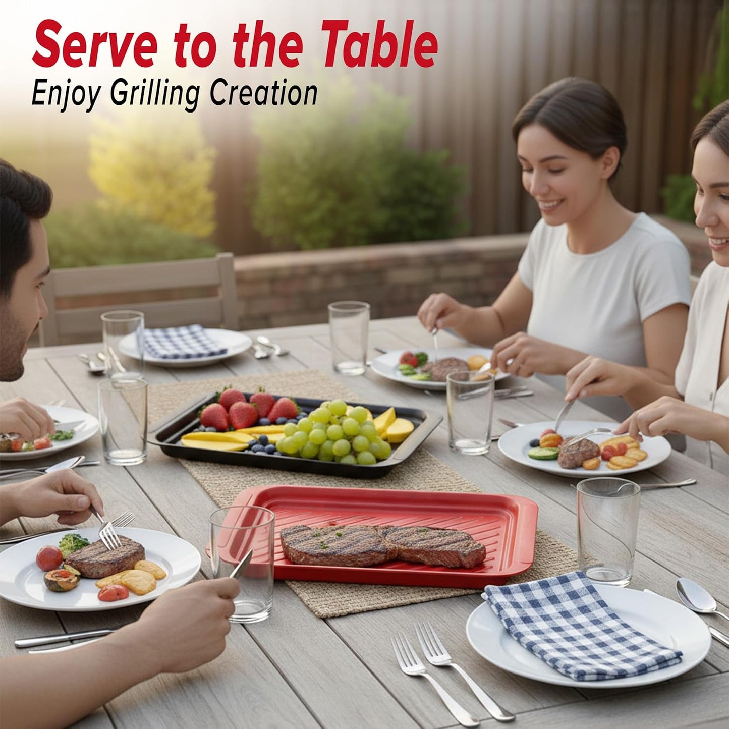 2PCs Prep and Serve Trays, 17" x 10.5" Melamine Deep Grilling Prep & Serve Trays, Melamine Trays | Serving Tray & Marinating Tray, BBQ Platters for Raw and Cooked Food, Serving Trays (Red, Black)