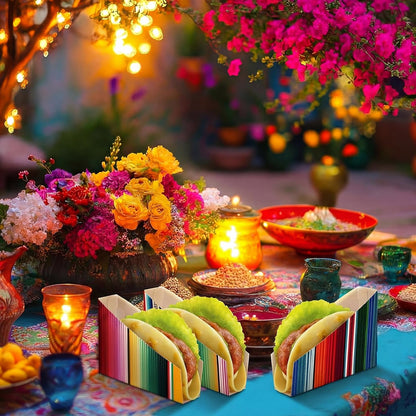LemonRoad 48 PCS Paper Mexican Taco Holder Disposable Fiesta Taco Shell Holder for Cinco de Mayo Party Bar Serving Set, Fiesta Party Supplies Decorations(Stripe)
