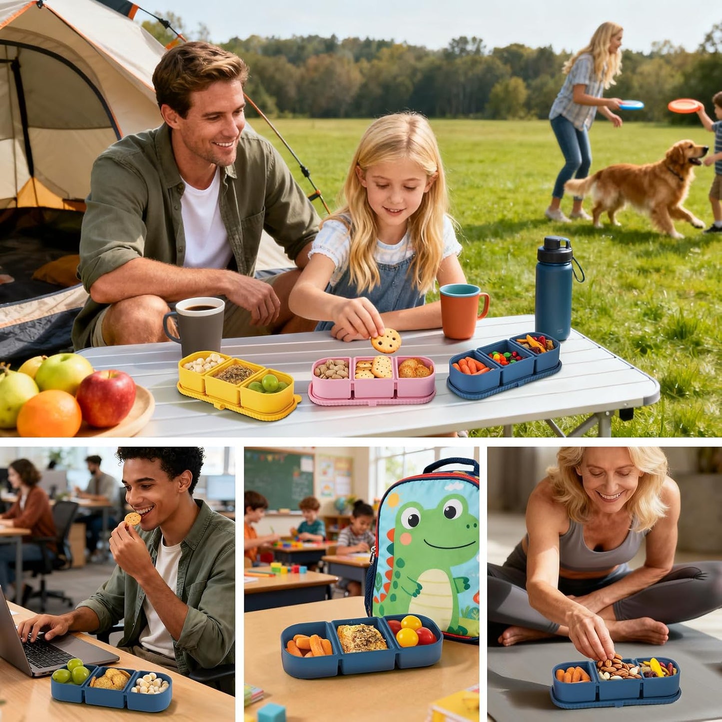 Silicone Reusable Snack Containers with Lids, 4 Pack 3 Compartment Bento Snack Boxes, Leakproof Food Storage Containers for Meal Prep, Lunch, Fruits, Kids & Adults, Dishwasher Safe