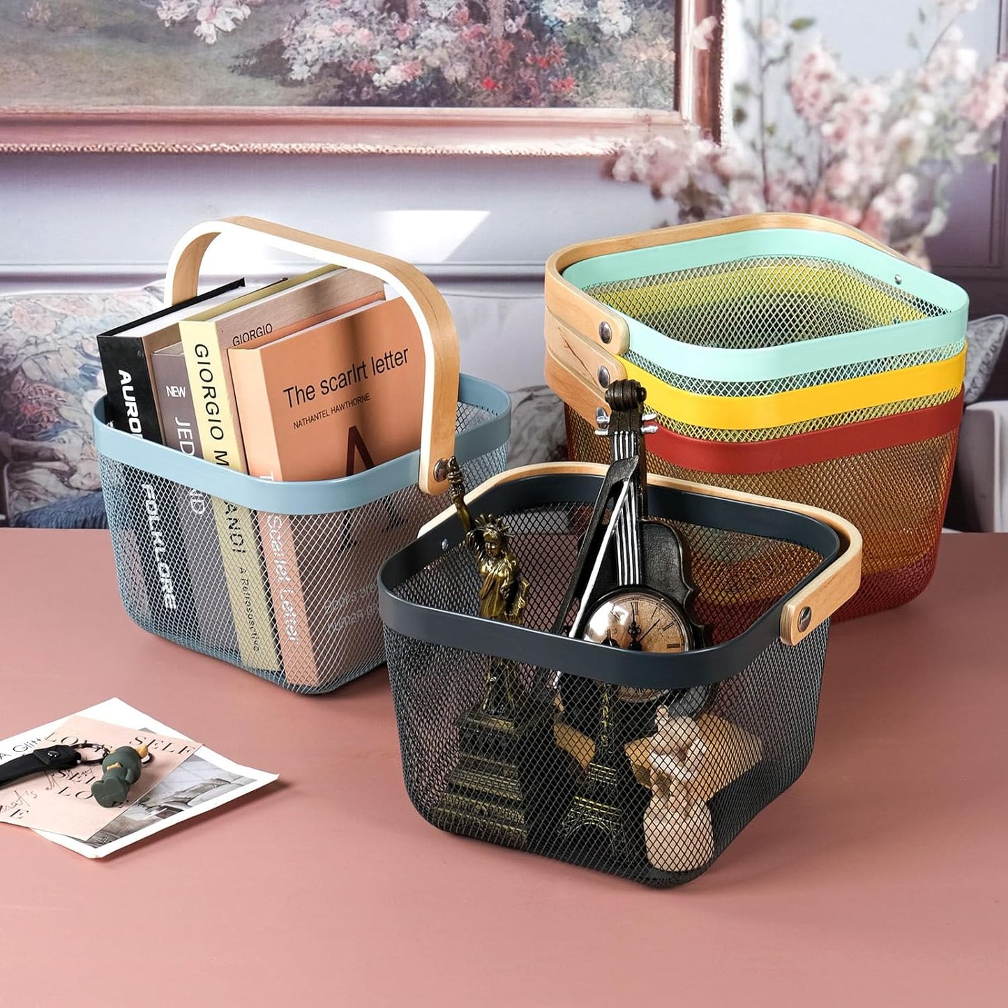 Coloful Metal Mesh Wire Basket with Foldable Wooden Handle,Bin Garden Fruit Vegetable Storage Hanging Harvest Holder for Kitchen Bathroom Picnic (Yellowish Green, Cuboid-15.7 x 9.5 x 7.2“)