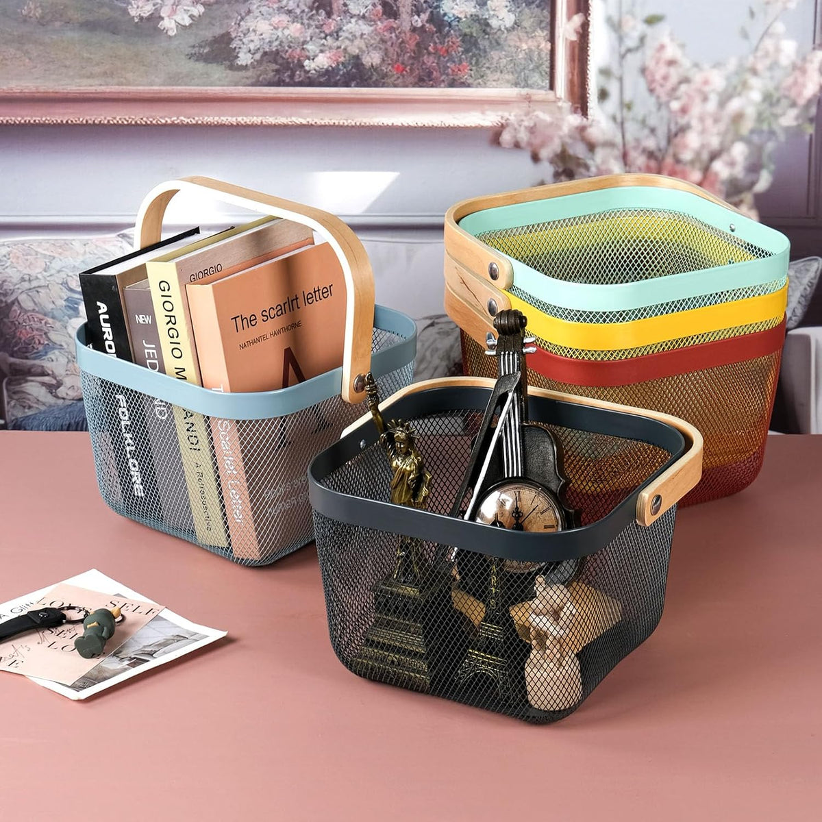 Coloful Metal Mesh Wire Basket with Foldable Wooden Handle,Bin Garden Fruit Vegetable Storage Hanging Harvest Holder for Kitchen Bathroom Picnic (Yellowish Green, Cuboid-15.7 x 9.5 x 7.2“)