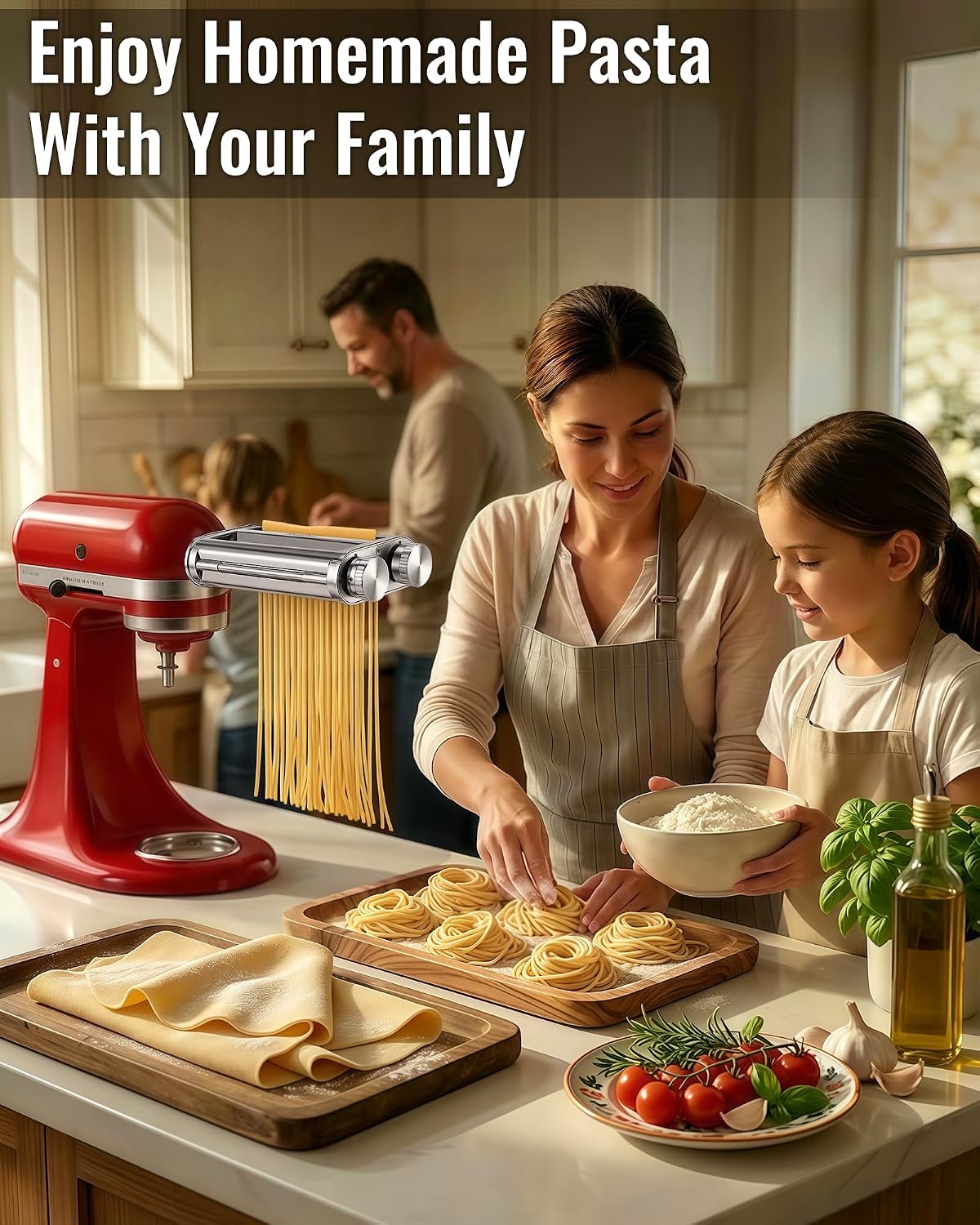 Pasta Maker Attachment for KitchenAid Mixer, 3-in-1 Metal Roller & Cutter
