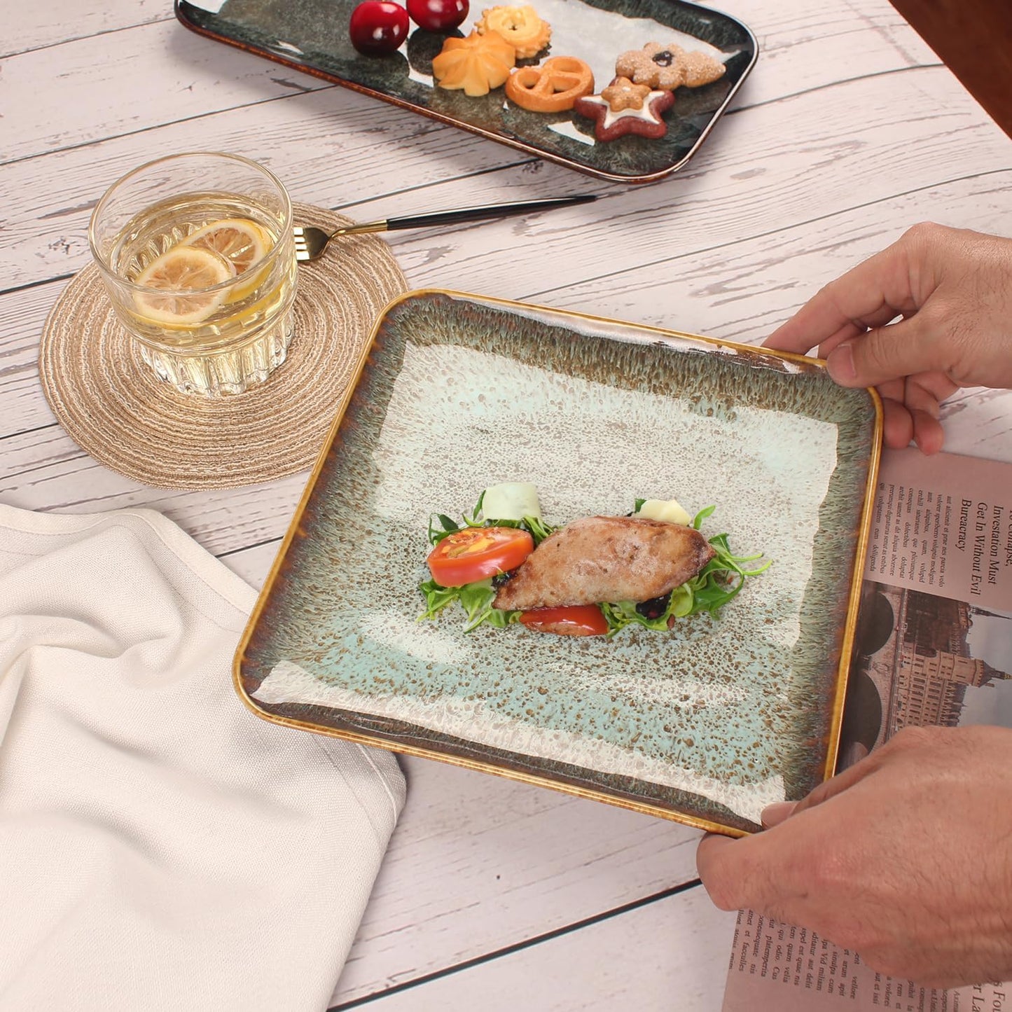 Porcelain Plate Set Large Serving Tray Set of 4, Reusable Serving Platters for Party Food, Cookie, Appetizer, Charcuterie, Snack, Dessert Display,Stackable Kitchen Dish 14.4 INCH
